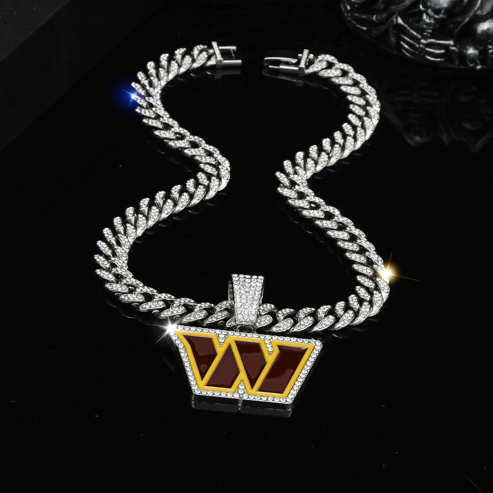 ULJ Hip Hop Bling W Letter Pendant Chain Necklace With Cuban Miami Iced out Bling Football Jewelry 250227