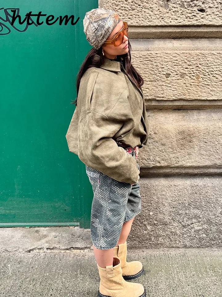 Street Womens Suede Bomber Jacket Fashion Lapel Zipper Full Sleeve Female Coats Spring Lady Casual Commute Vintage Outwear 250306