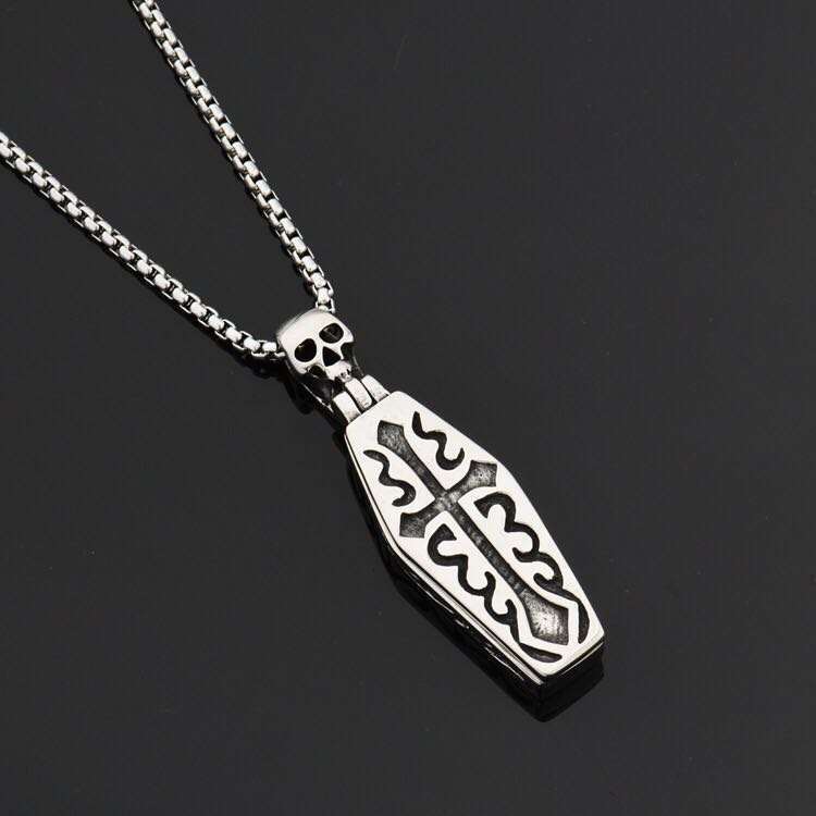 Punk Wolf Tide Domineering Cross Coffin Skeleton Man Pendant Thai Silver Male Necklace Vampire Jewelry Bling Crystal Rapper Jewelry Wholesale Bijoux