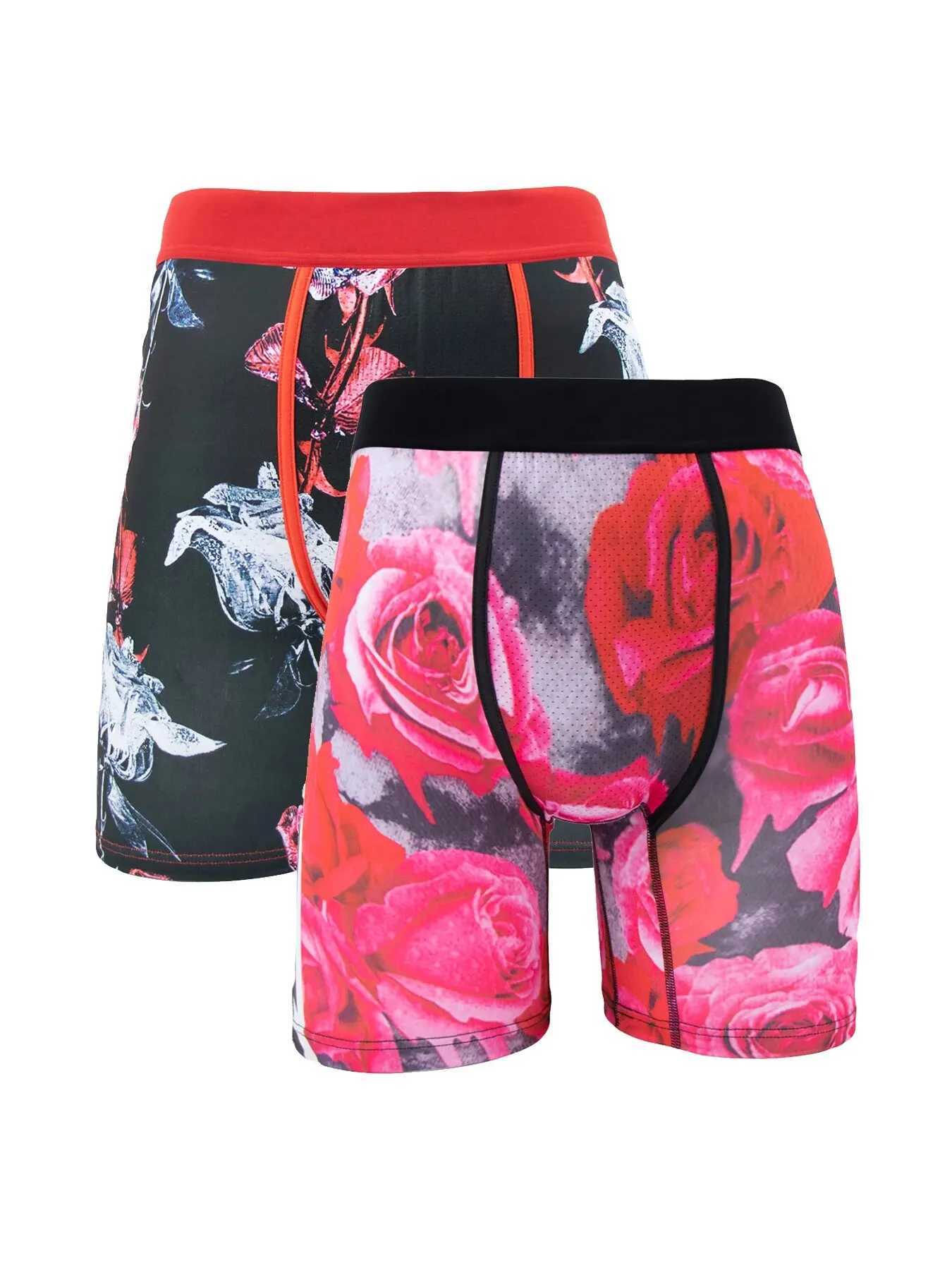 Men's Shorts 2Pcs Rose Print Men Underwear Boxer Shorts Soft Fashion Man Underpant Male Panties S-XXL Plus Size Black And Red Printing Y2503074DL