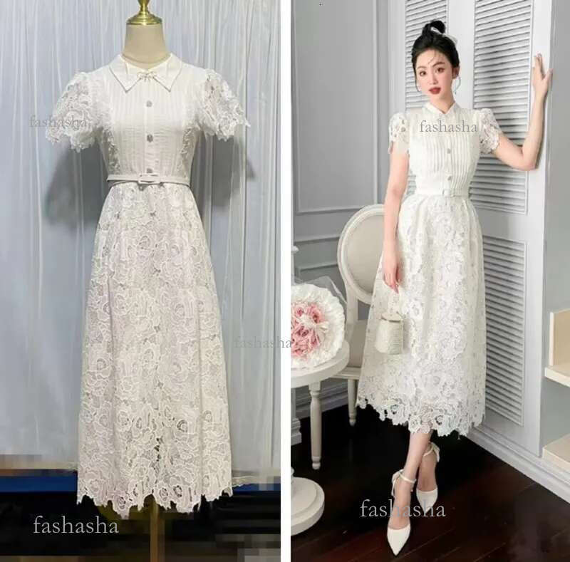 Basic Casual Dresses Runway 2025 Summer Flower Embroidery White Lace Evening Prom Holiday Dress Women Short Sleeve Pearls Bow Bead Vest