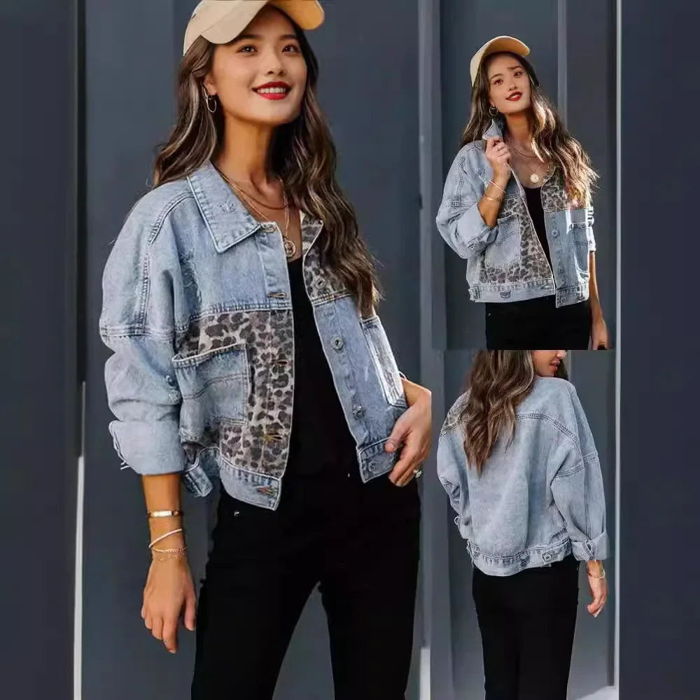 CrossBorder Denim Jacket Womens Long Sleeve Standalone European and American Style Coat Leopard Printed 250226