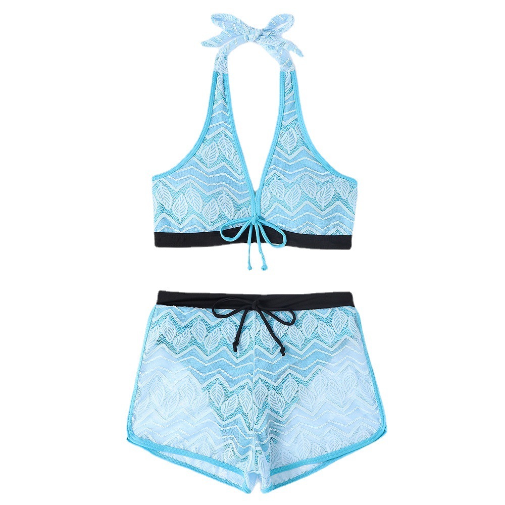 Swimsuit Lace Hollow Solid Color Split Large Size Solid Color Fashion Flat Pants Bikini Mesh Swimsuit