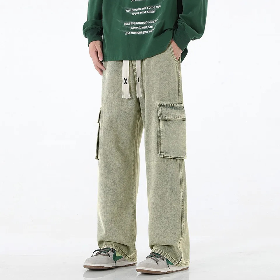 Retro Y2K pocket jeans mens American streetwear straight denim cargo pants solid wash elastic waist Pantalones 250305