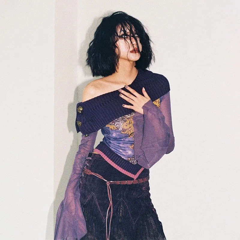 Karrcat Japanese Y2k Off Shoulder Top Grunge Aesthetics Knitted Mesh Top Vintage Trashy 2000s Flare Sleeve Purple T Shirt Gothic250304