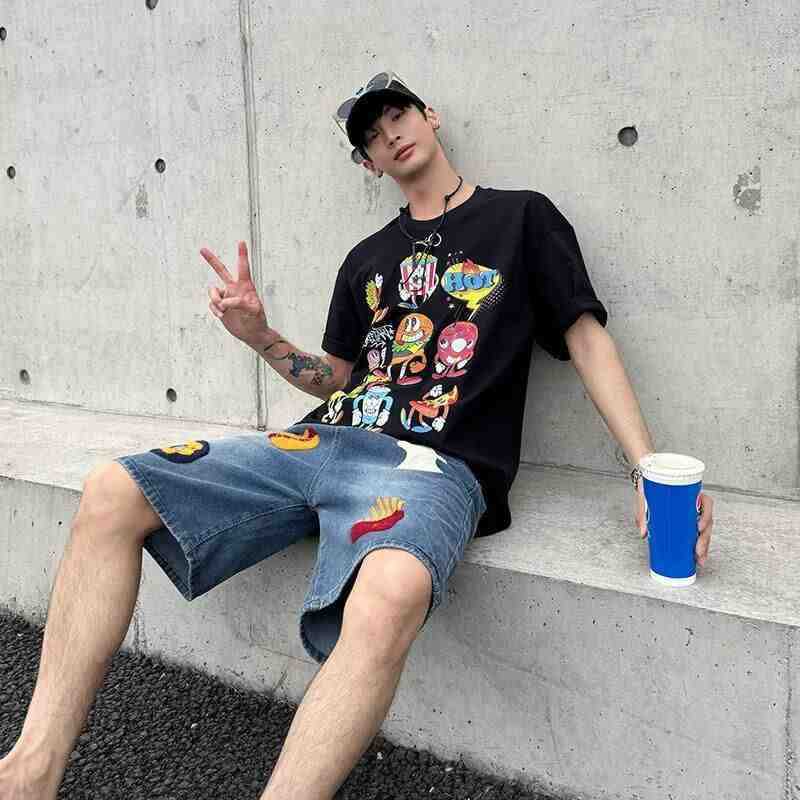 American Street Harajuku Retro Denim Shorts with Letter Embroidery Oversized Jeans Men Y2k Loose Casual Versatile Shorts Women 240701