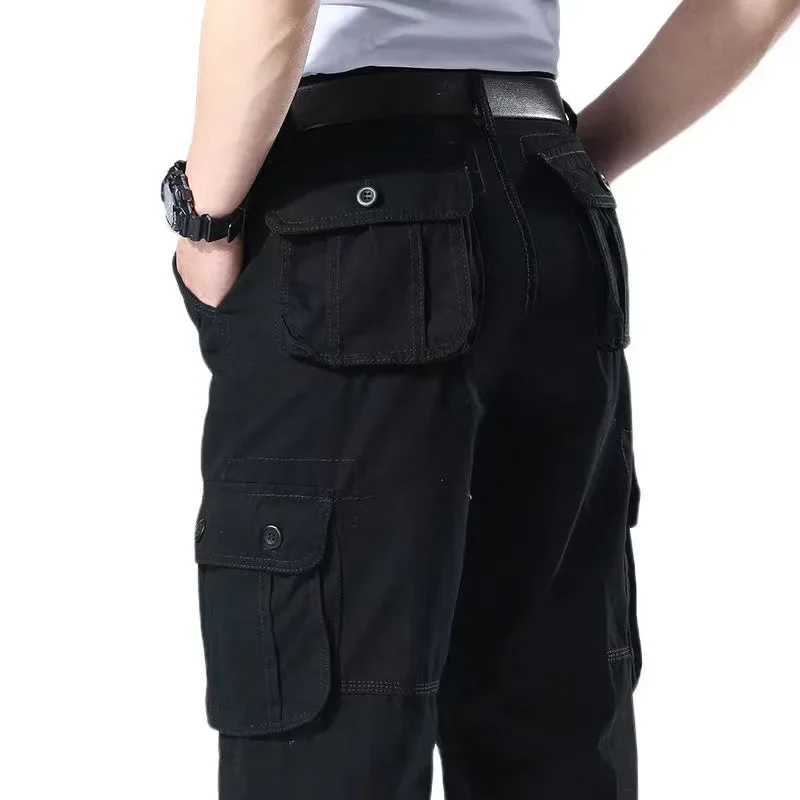 Mens Casual Cotton Cargo Pants Elastic Waist Plus Size Loose Fit Multi-Pocket Construction Work PantsT250308