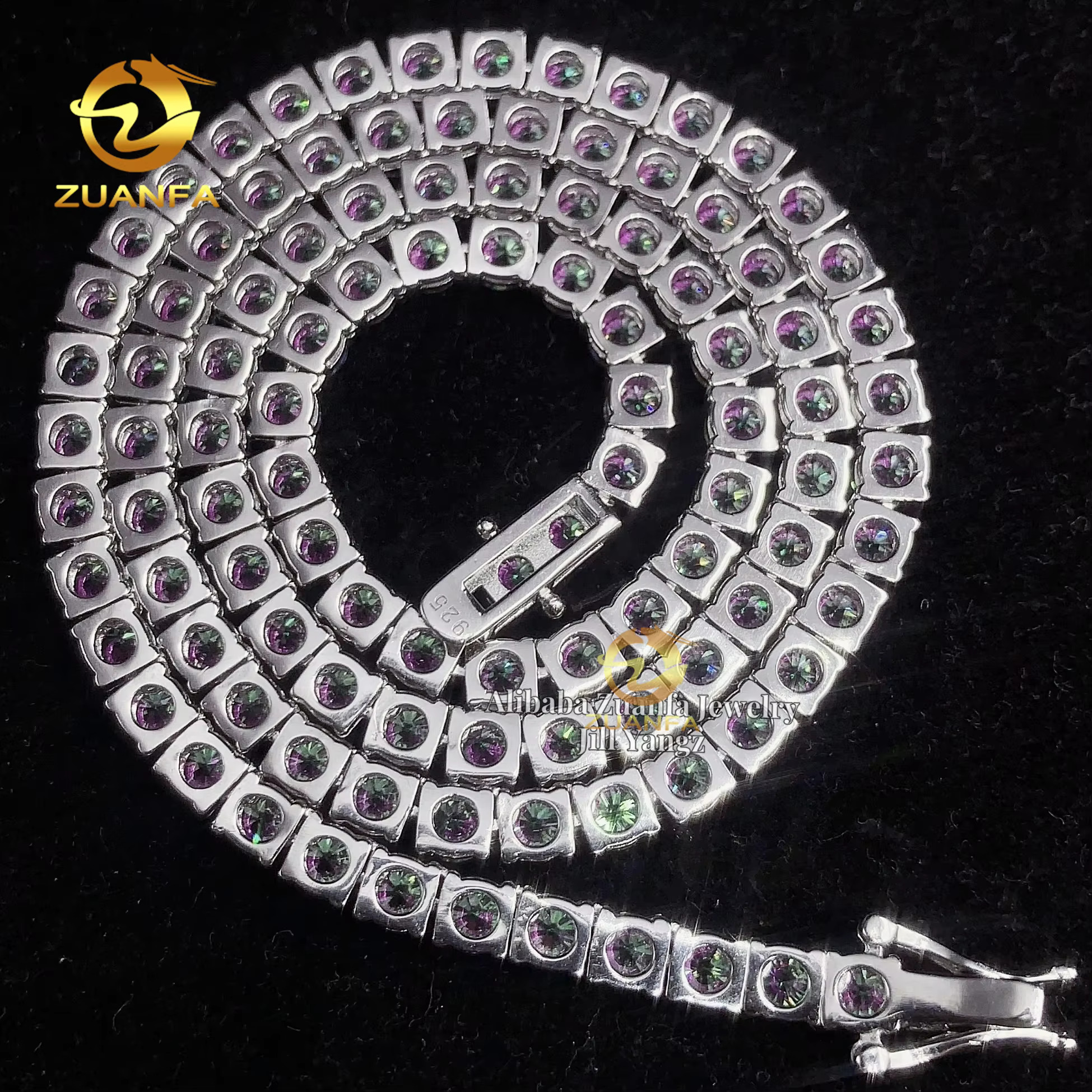 Unique Rainbow Blue Green Color Moissanite Tennis Chain Necklace 4mm 925 Sterling Silver Gift Idea Iced Out Hip Hop Jewelry