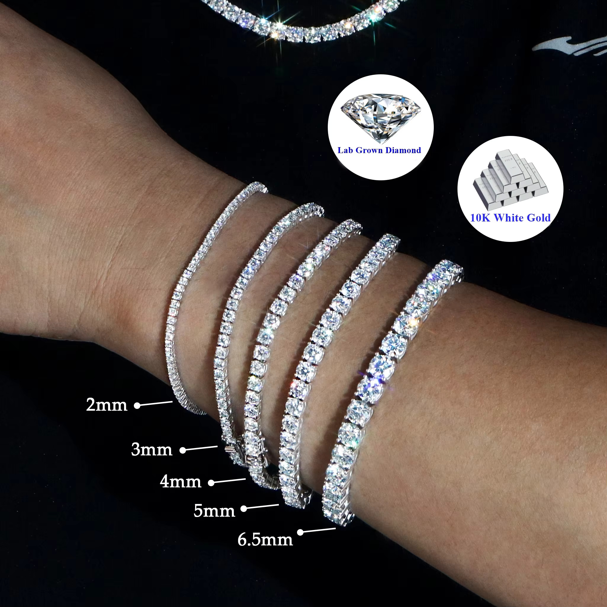 High Quality Ladies Jewelry 10K 14K Solid Gold 2mm 3mm 4mm 5mm D VS1 Round HPHT Lab Grown Diamond Tennis Bracelet for Gift