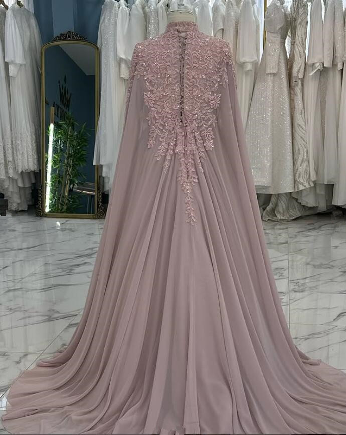 Pale Pink Muslim Arabic Evening Dresses with Cape Wrap Applique Lace Customsized Turkey Caftan Gelinlik Prom Gown Garment