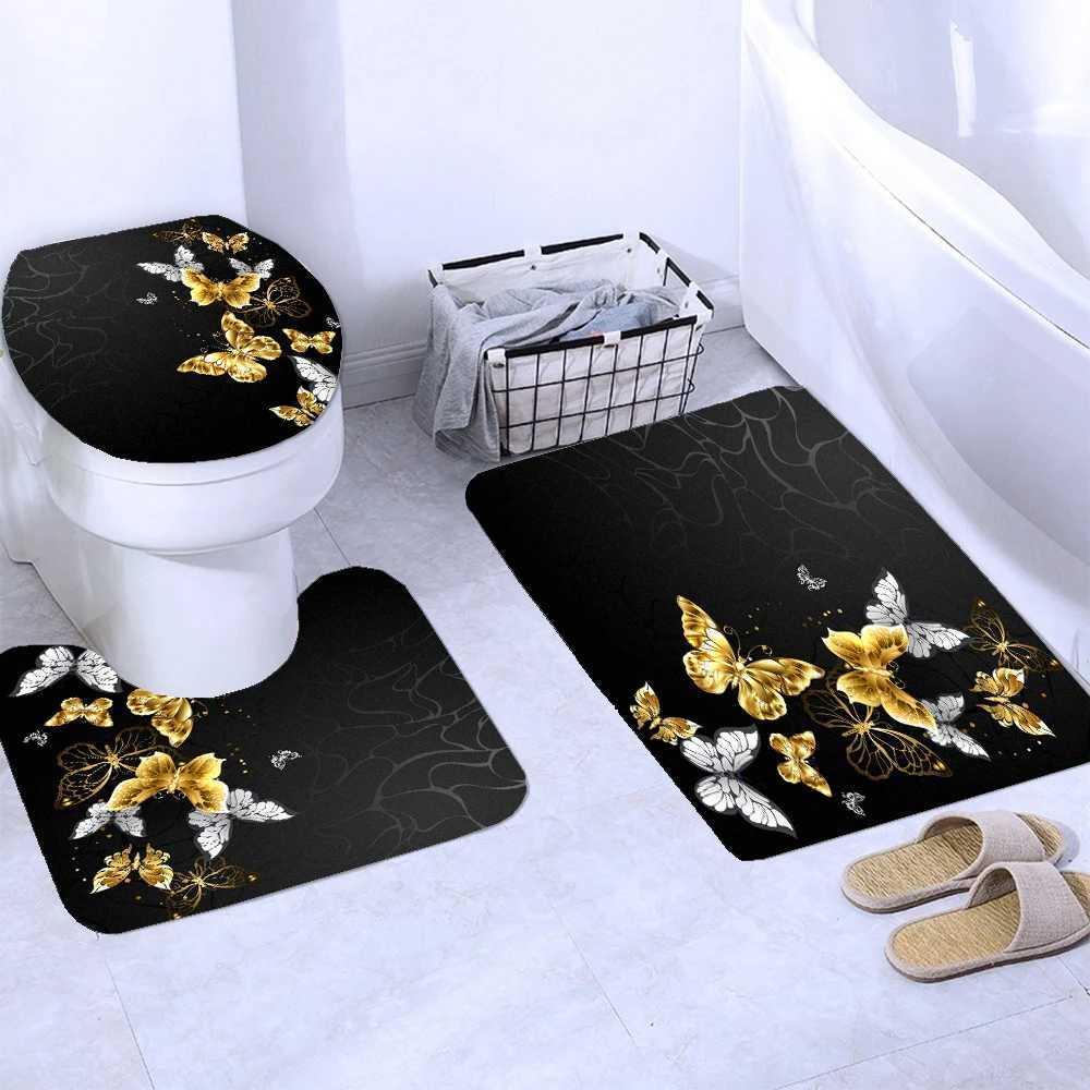 Waterproof Shower Curtain Sets with Rugs Golden Butterfly Print Bath Rug and Mats with Hooks Toilet Seat Cover Bathroom DecorT250306