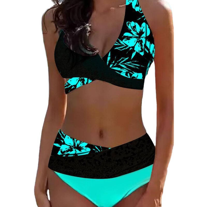 Plus Size New Cross Bikini Split Print Swimsuit Womens Bikini Swimsuit