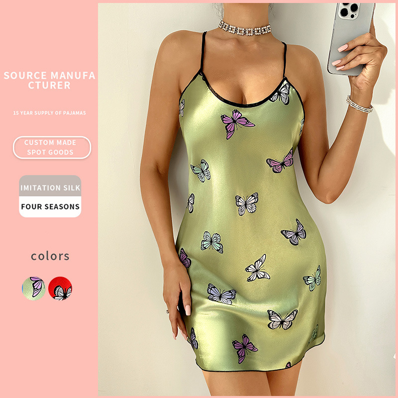 Cross-border Denny Lin Ice silk slip nightdress imitation silk fashion casual butterfly slip dress women feel backless pajamas