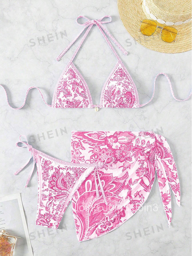 New Printed Mesh Three Piece Split Swimsuit Fashion Shell Accessories Bikini