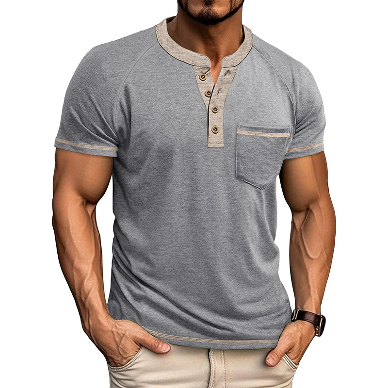XXXL T-shirts Summer Men's Short-sleeved Henry Shirt Buttons Retro T-shirt Color Matching Polos Clothes Male Pullovers Tops Tees Dark Grey Green 