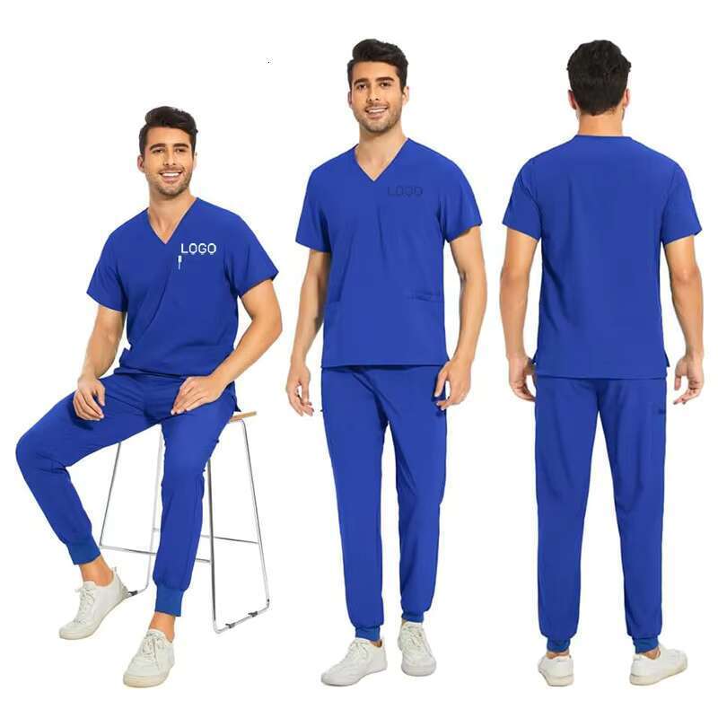 Anti-Wrinkle Stretch Men Nursing Medical Scrubs Uniform Set V-Neck Scrub Top and Yoga Waistband Jogger Pant With 8 Pockets