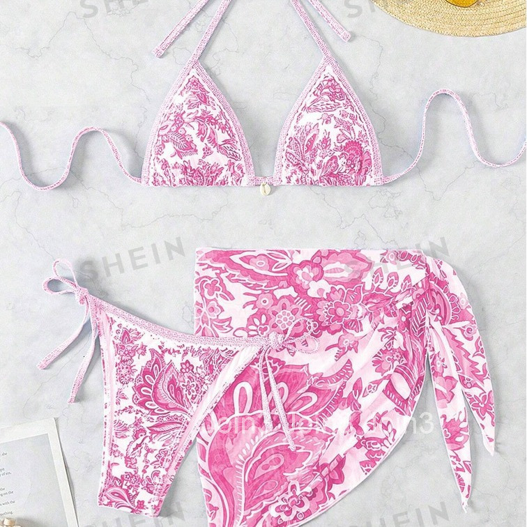 New Printed Mesh Three Piece Split Swimsuit Fashion Shell Accessories Bikini