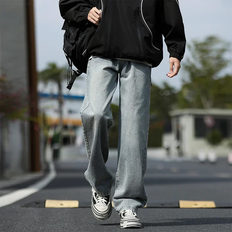 2025 Korean style mens casual long jeans classic straight denim wide leg pants solid color light blue gray up to 3XL 250305