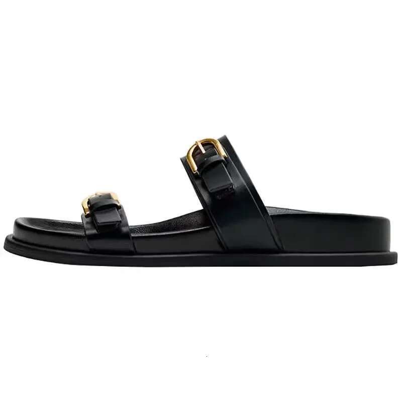 Summer 2025 Women s Sandals Flat Beach Slippers Outdoor Fashion Designer Thick Bottom Slippers Metal Buckle Soft Leather Walking Women s Roman Shoes