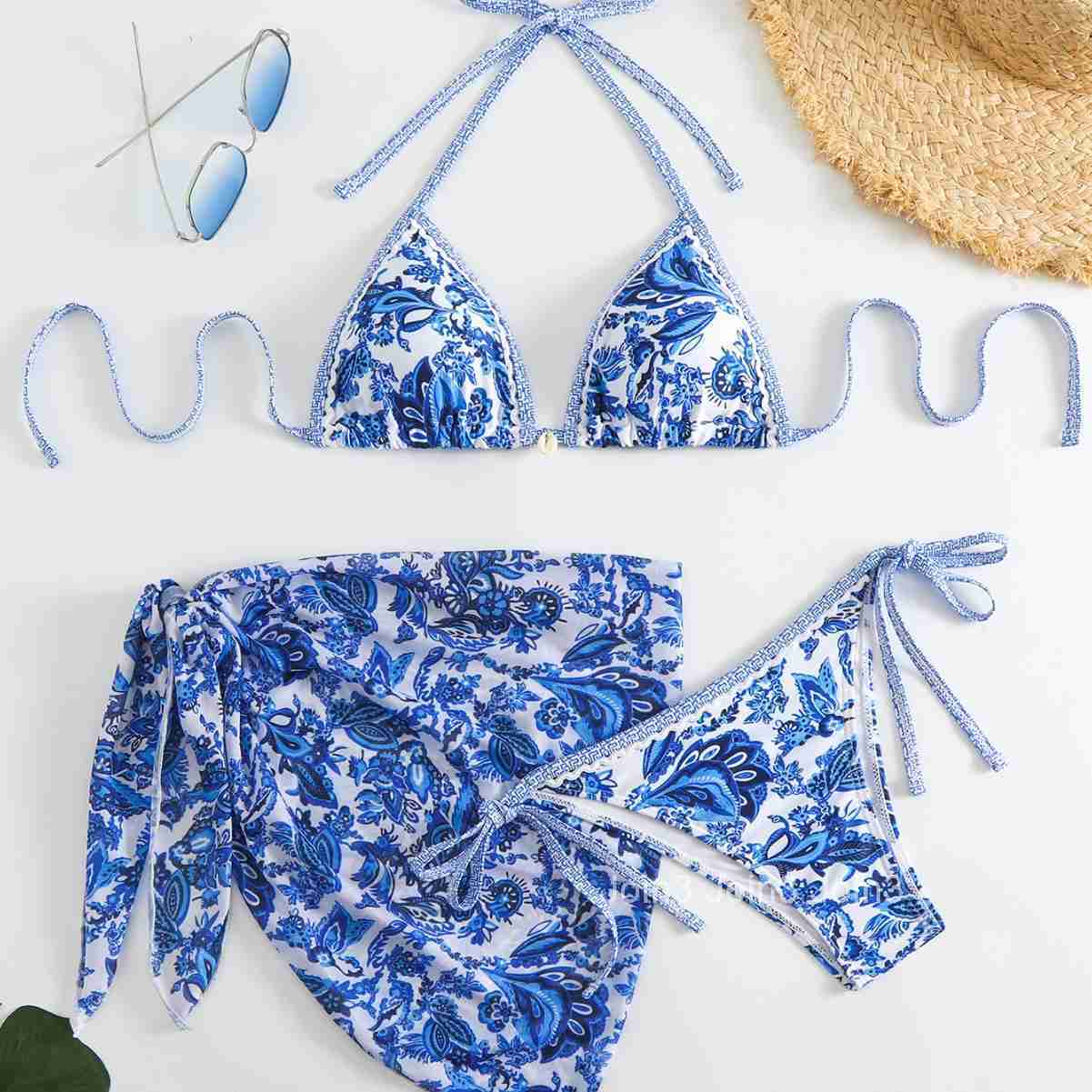 New Printed Mesh Three Piece Split Swimsuit Fashion Shell Accessories Bikini