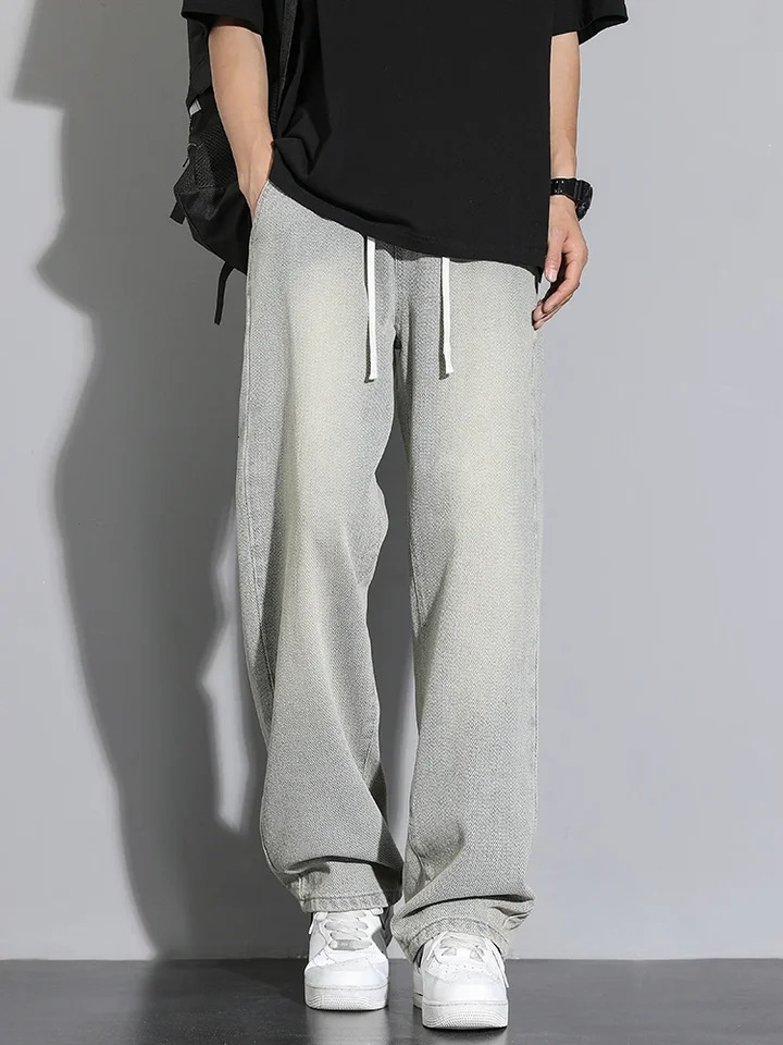 2025 Mens Casual Long Jeans Korean StyleClassic Straight Denim WideLeg Pants Solid Colors Light Blue Grey Black up to 3XL 250305