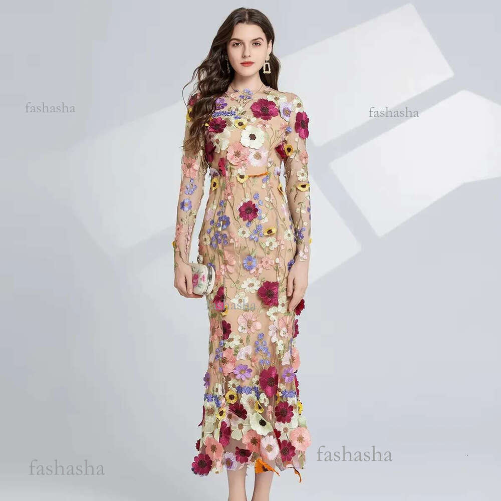 Basic Casual Women Dresses Summer Embroidery Lace Prom Dress Women French Luxury 3D Flower Fishtail Long Sleeve Mermaid Dress Party Bodycon Holiday Ve