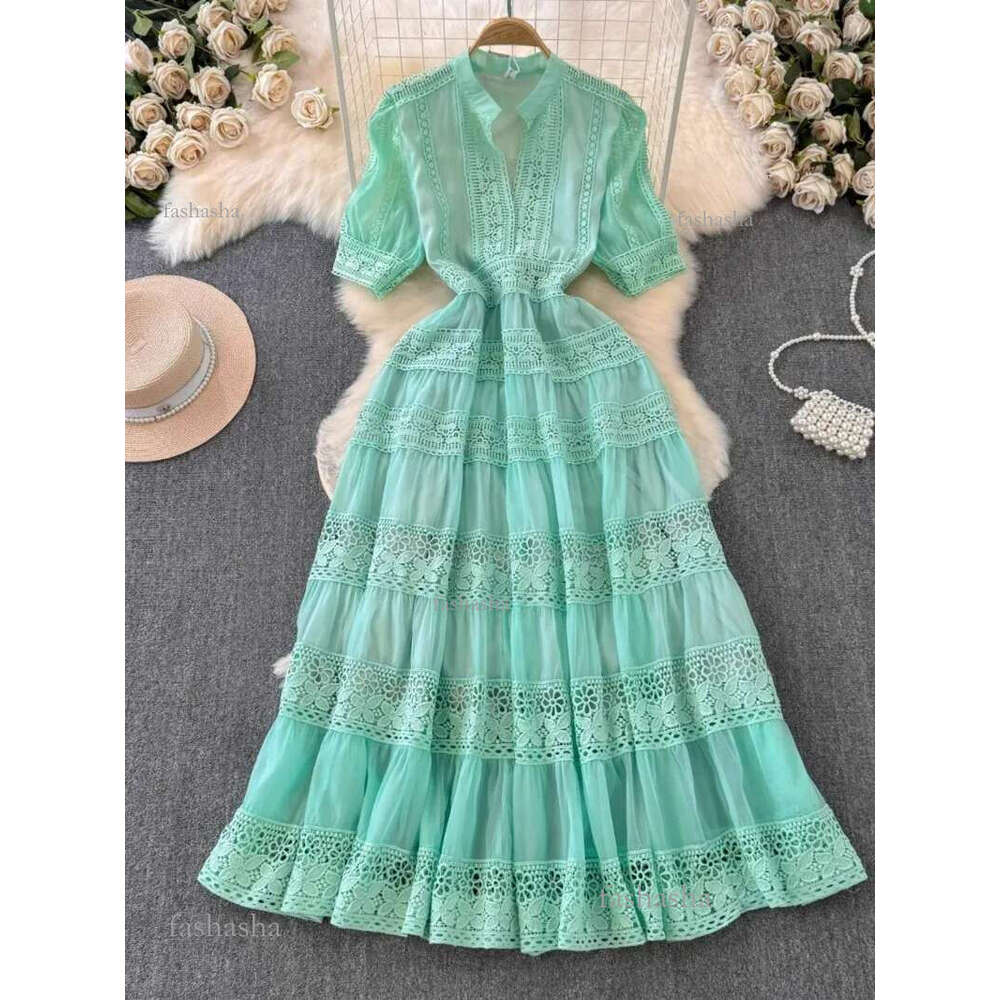 Basic Casual Dresses French Elegant Lace Embroidery Prom Midi Dress Womens V Neck Puff Sleeve High Waist Hollow Out Long Summer Sundress Clothing