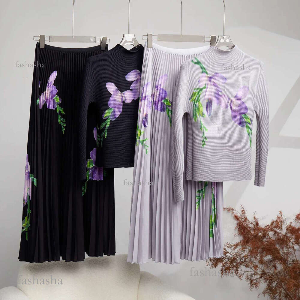 Two Piece Dress Runway 2 Pieces Set Miyake Pleated Suit Summer Womens Turtleneck Long Sleeve Flower Print All Match Slim Tops Skirt Set