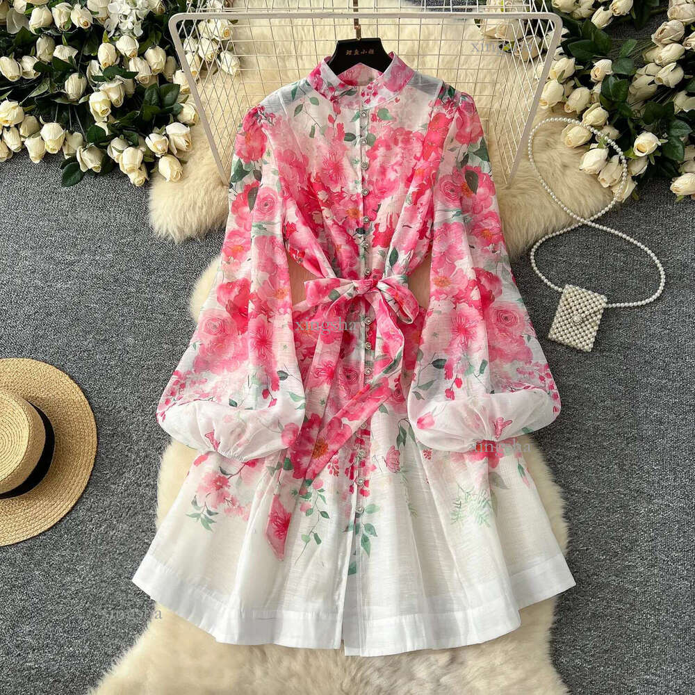 Casual Dresses 2025 Spring Holiday Gorgeous Flower Organza Dress Women Lantern Long Sleeve Beaded Button Floral Print Belt Lace Up Boho Ves