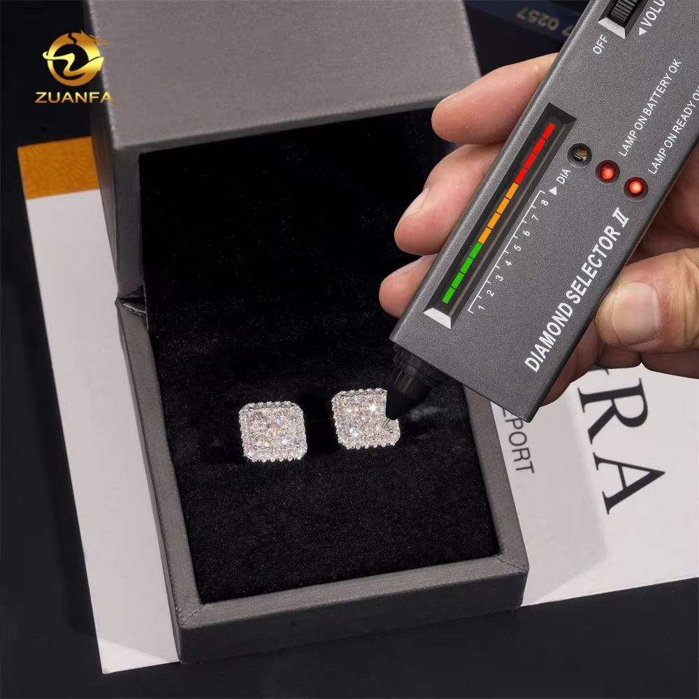 Hip Hop Luxury High Quality VVS Diamond Square Iced Out Mens 925 Silver Moissanite Earrings