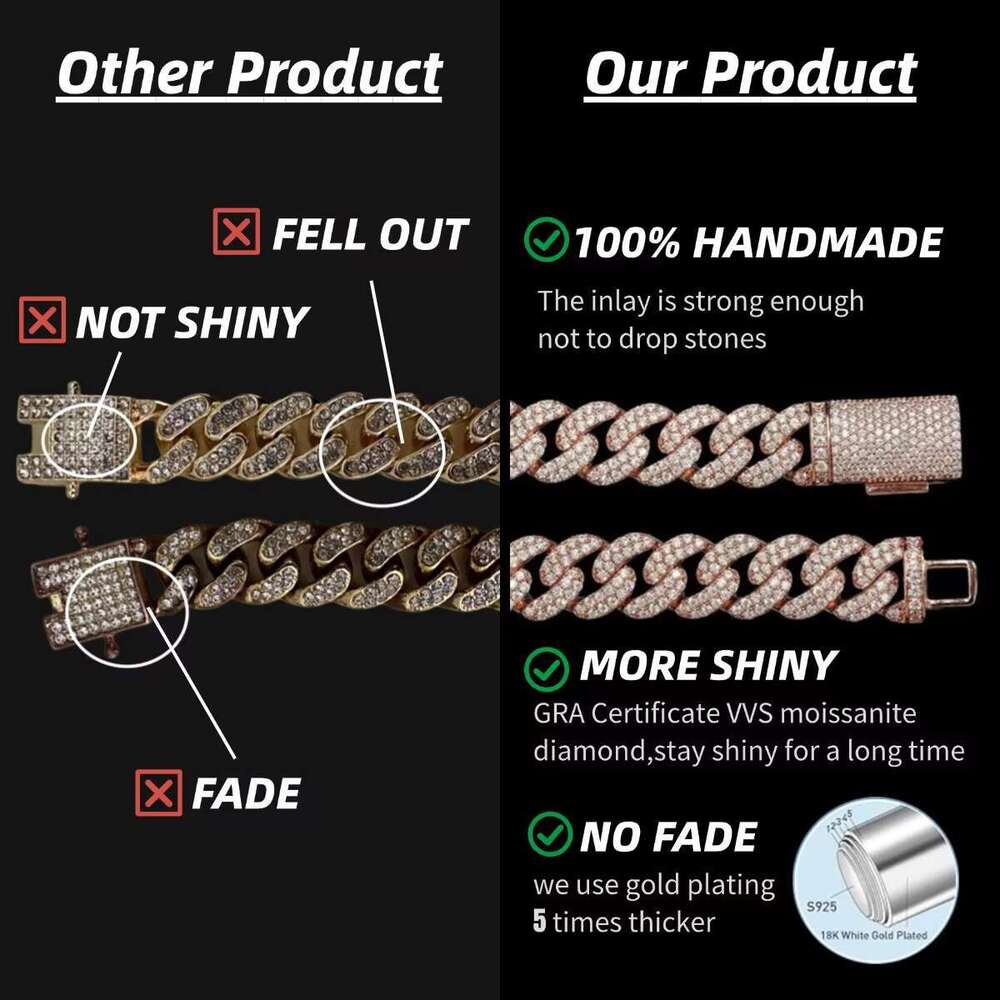 Custom 20mm 4-Rows Sterg Sier Rose Gold Cuban k Chain for Men Full Iced Hip Hop Dia Moissanite Fine Necklaces
