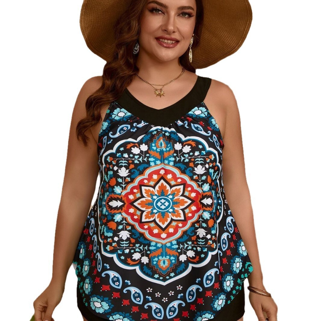 New Large Digital Printed Conservative Split Flat Angle Tankini Bikini