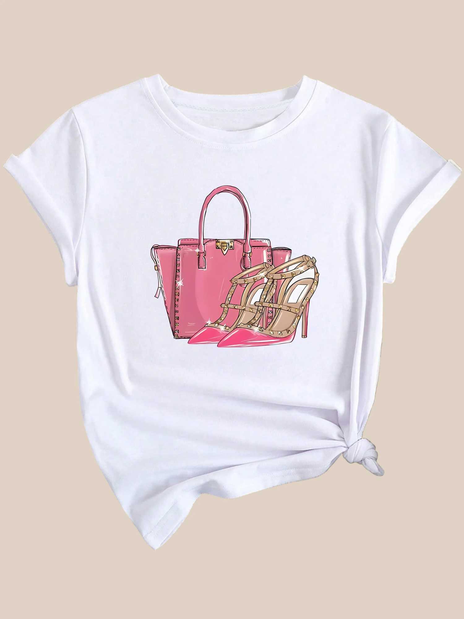 Women's T-Shirt Bag High Hls Pattern Casual T-Shirt Round Neck Short Slves Stretchy Sports T Womens Activewear Y250307MA3I