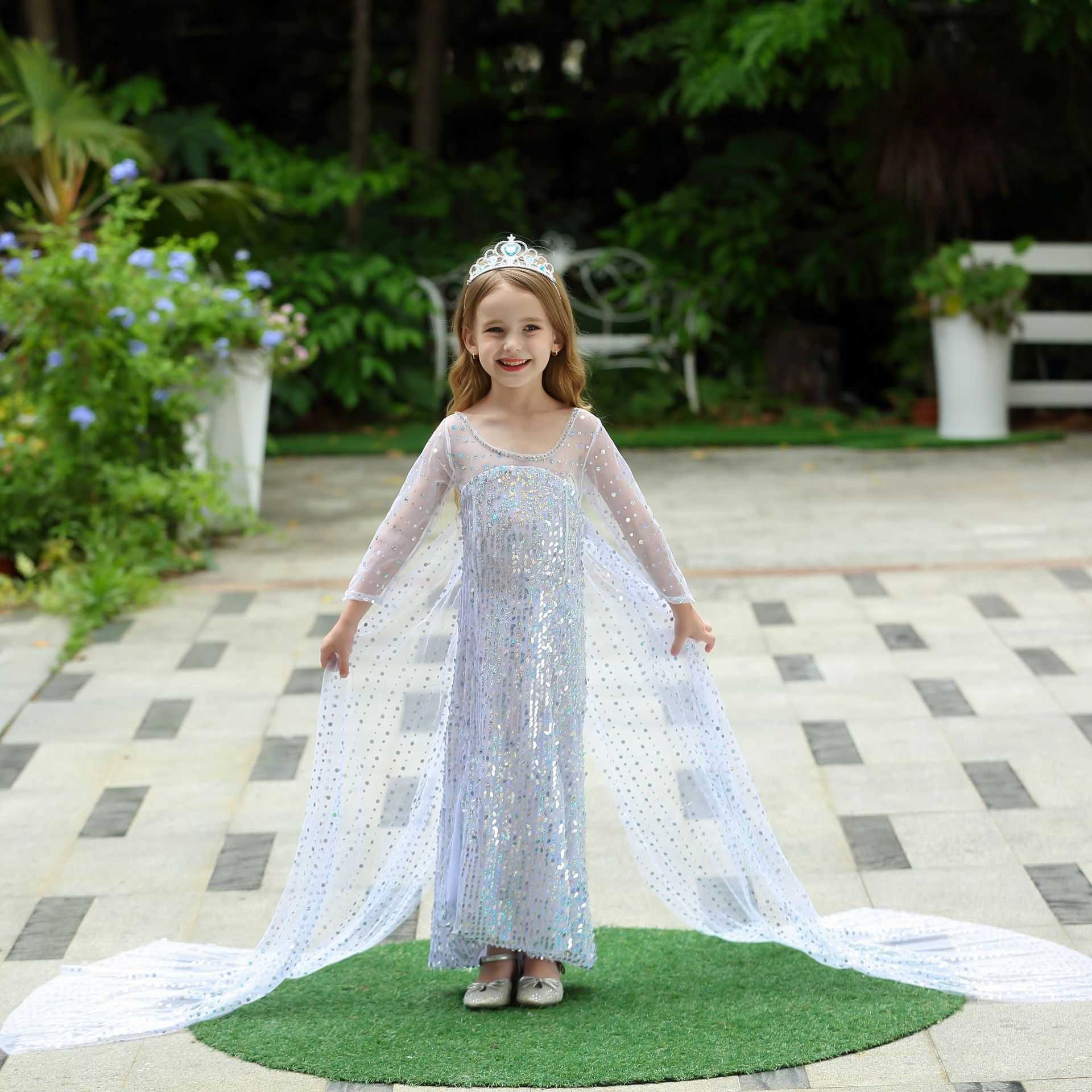Girl's Dresses 2 Princess Dress Long Sleeve White Glitter Dress Girls Performance Dress Y250307EM5W