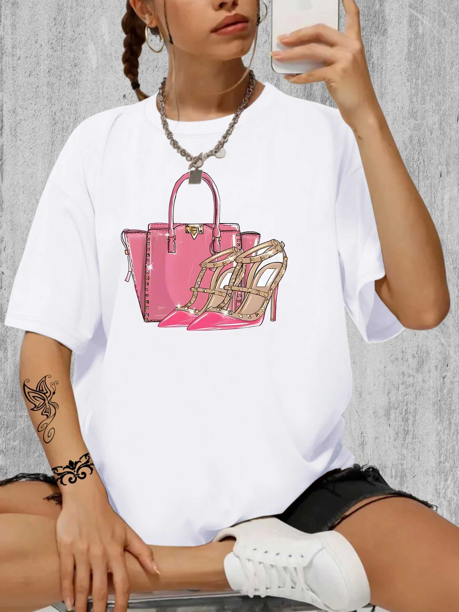 Women's T-Shirt Bag High Hls Pattern Casual T-Shirt Round Neck Short Slves Stretchy Sports T Womens Activewear Y250307MA3I