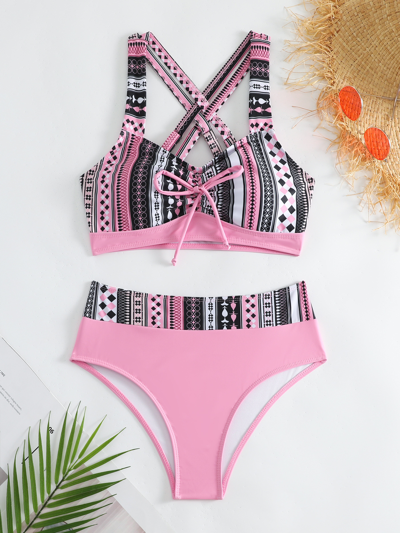 New Split Cross Strap Swimsuit with Multi Color Printed High Waist Swimsuit for Women