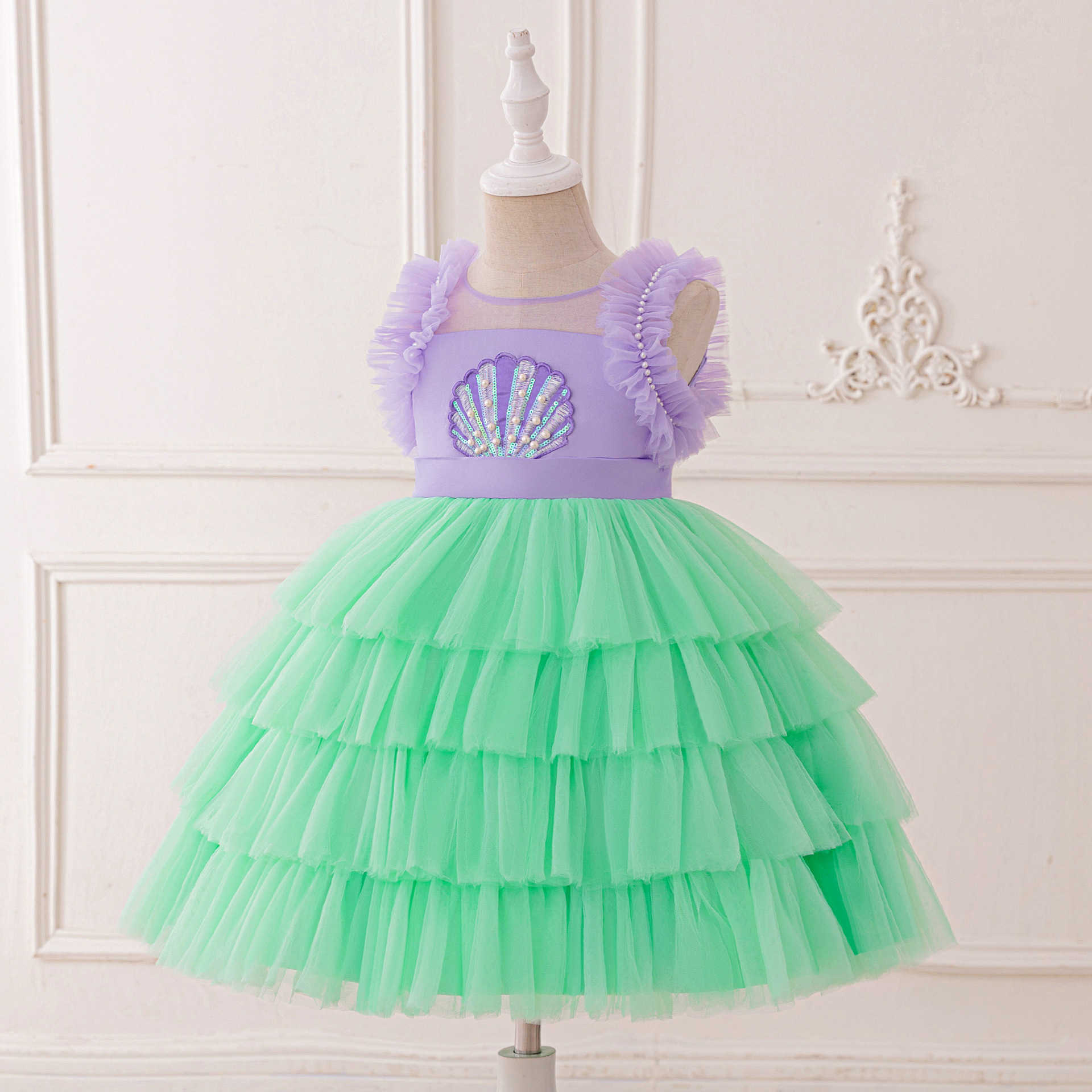 Girl's Dresses Mermaid Princess Dress Girls Summer New Style Childrens Strap Shell Dress Girls Puff Yarn Dress Y250307E938