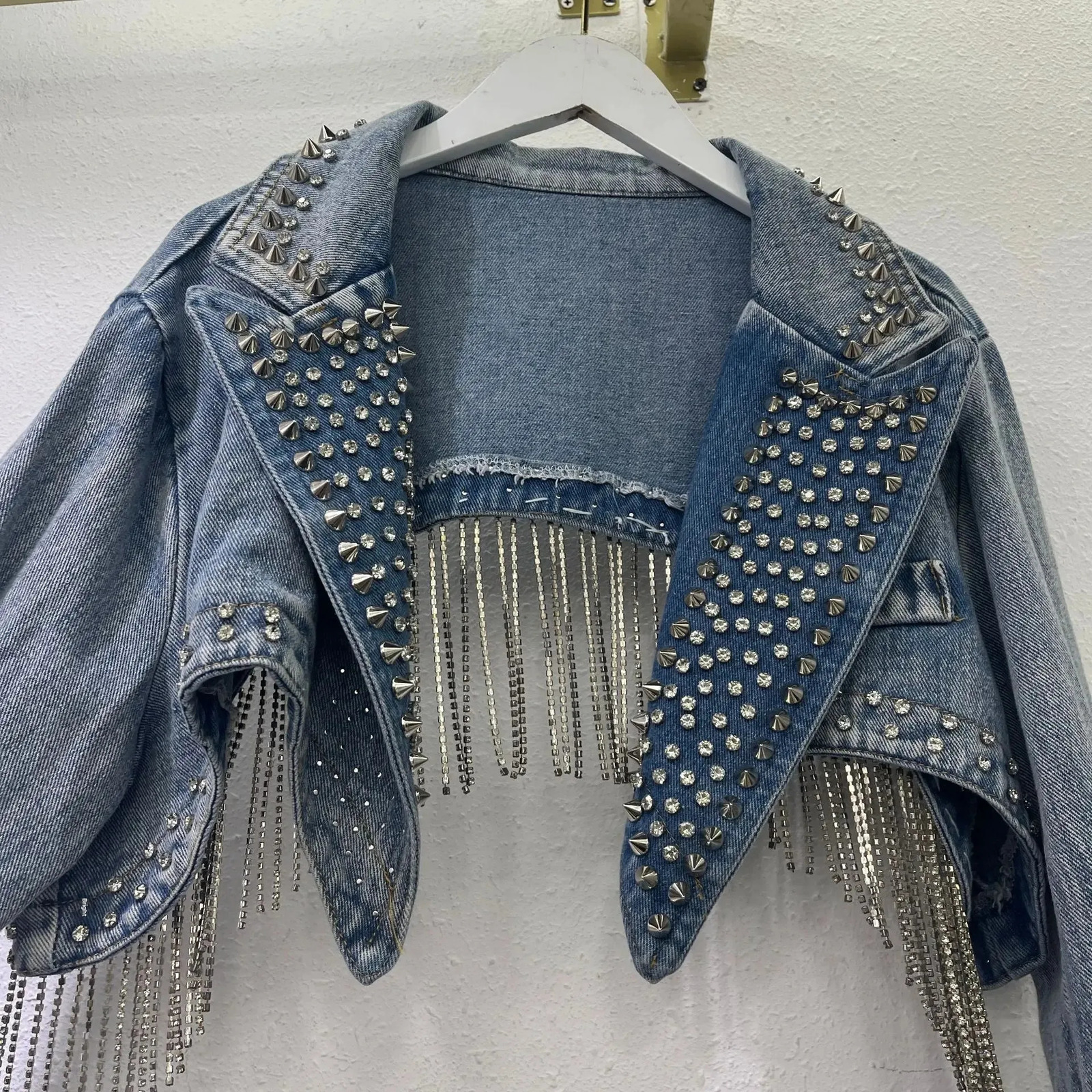 American style n emotional high waisted denim jacket retro cut ruffled edge decoration womens cardigan 250226