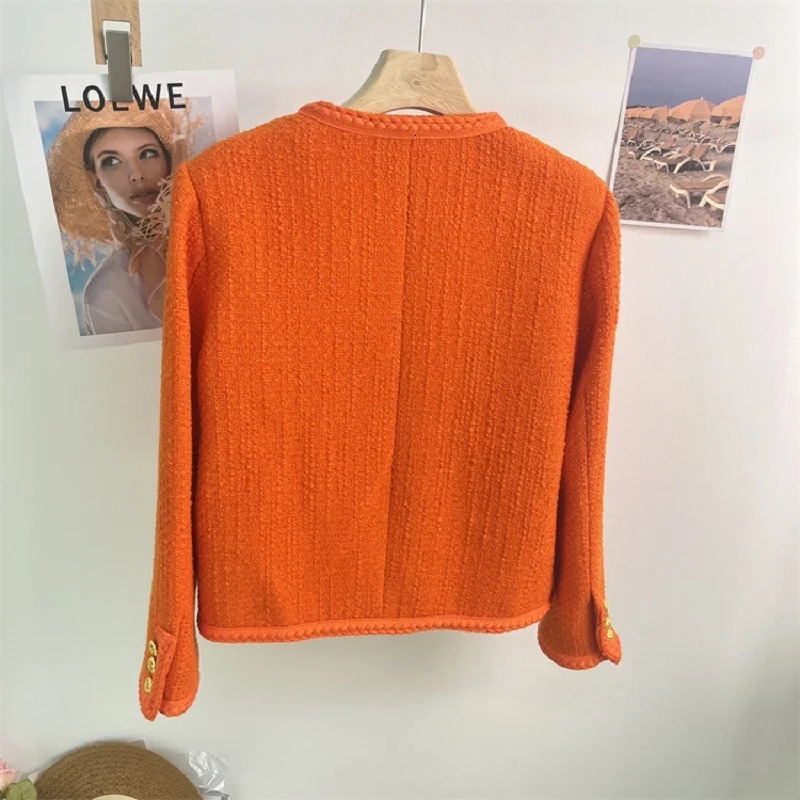 Womens short sleeved autumnwinter 2023 orange tweed jacket casual round neck long 250225