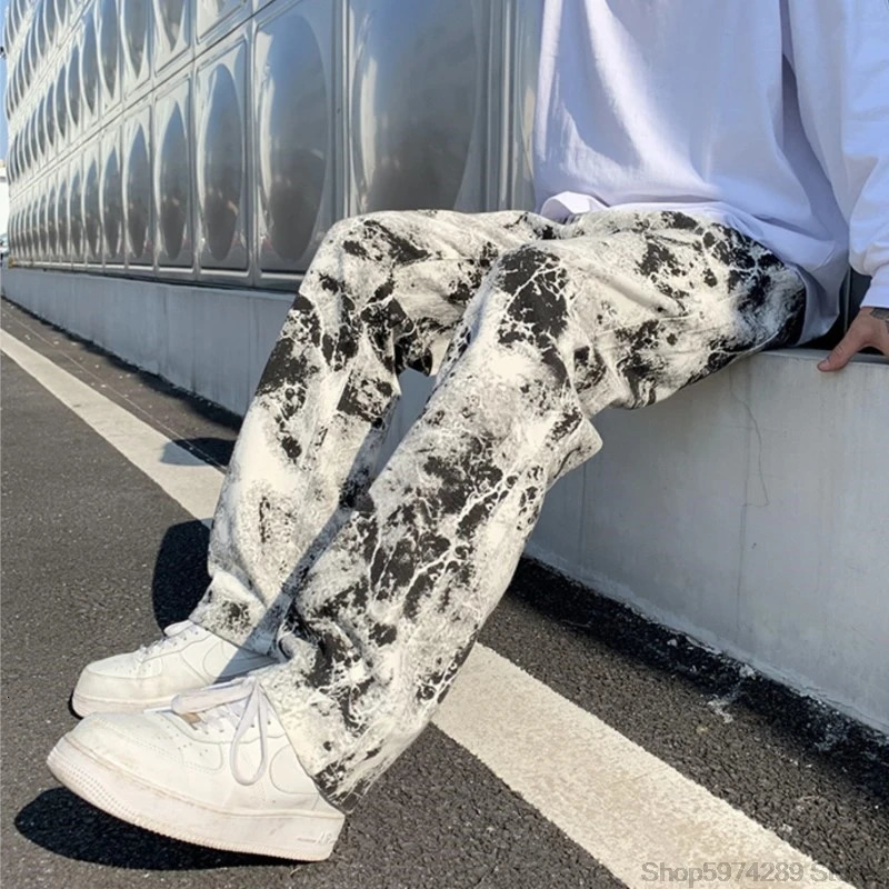 Mens Jean tiedye Unisex Printed jeans Spring Mopping Trousers Jeans Korean Style High Street Loose Hip Hop Straight Jean Pants 250305 250305