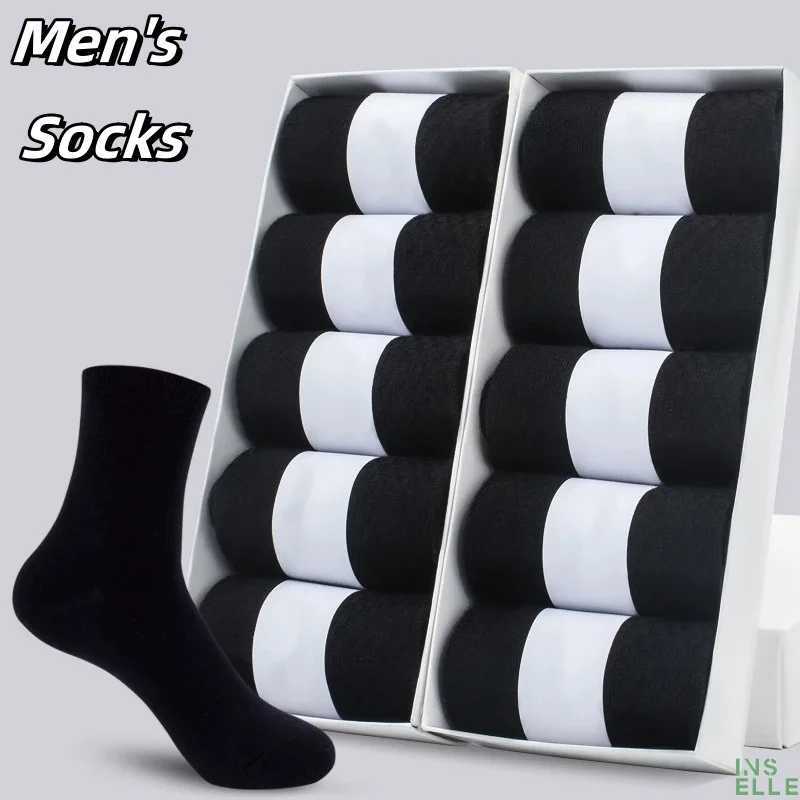 10/5 pairs of mens mid-calf autumn and winter new black business solid color cotton mens socksT250307