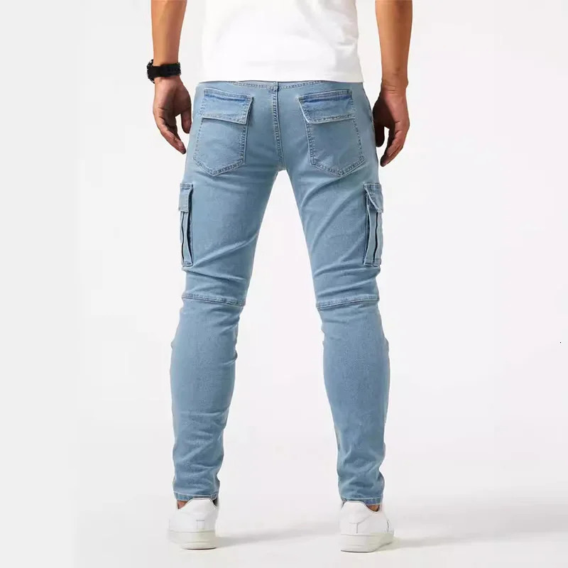 Street Elastic Jeans Pencil Pants Mens Denim Cargo Pants Solid Color Multi Pockets Casual Trousers Slim Fit Wear Joggers 250305