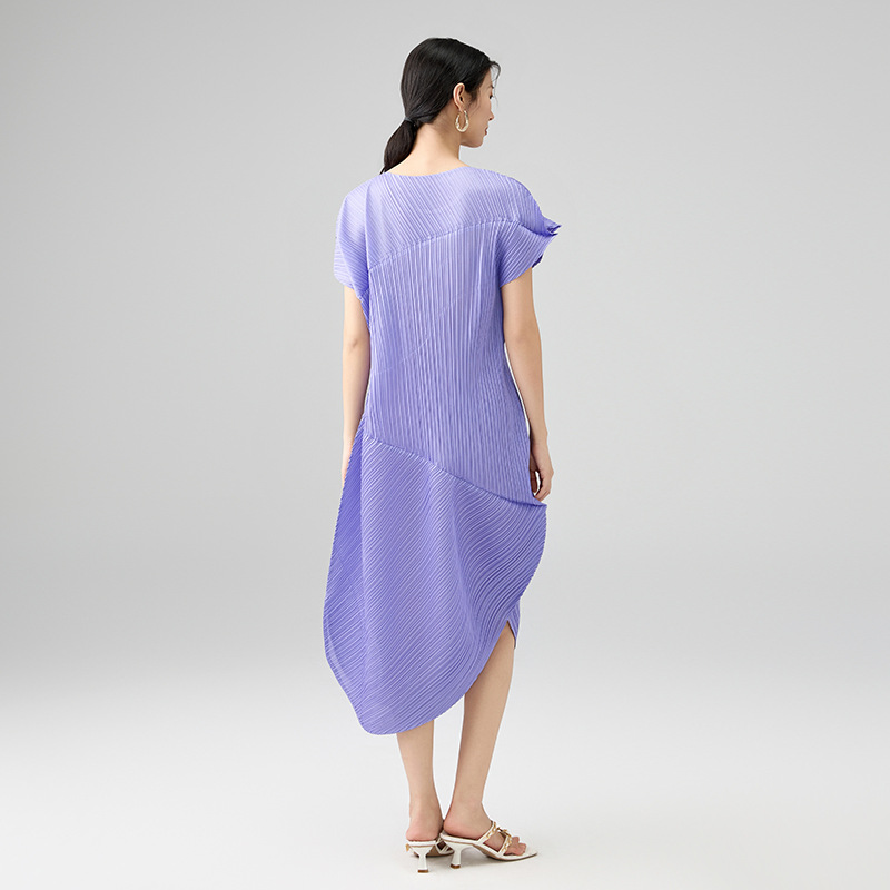 L11170 New summer fashion design temperament slim round neck short sleeve fold irregular dress for women