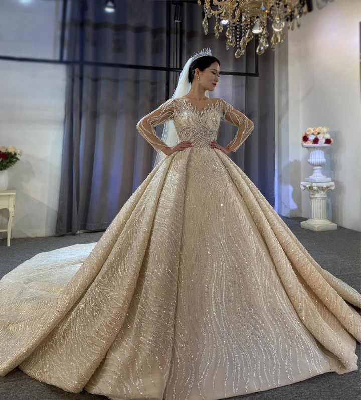 Vintage A e Women Wedding Sheer Neck Long Sleeves Bridal Gowns Sequins Pearls Sweep Train Dress Custom Made
