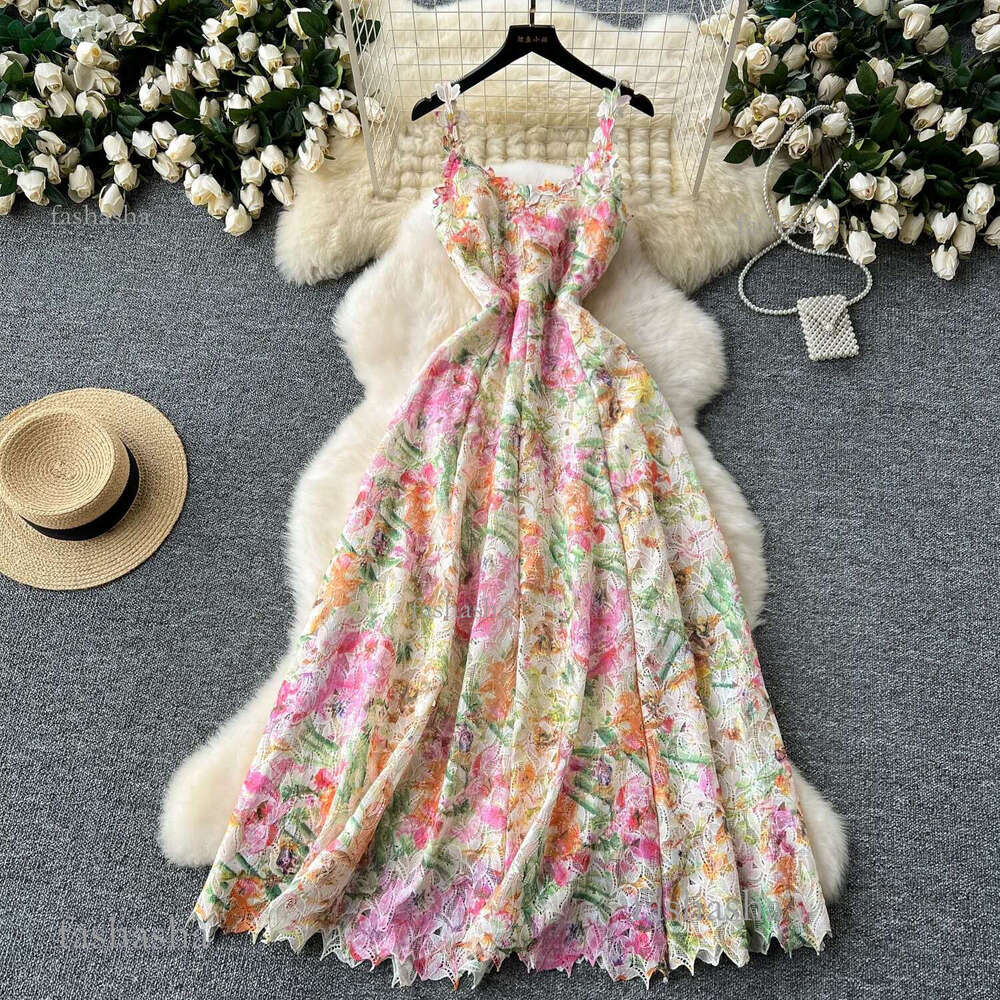 Basic Casual Dresses Summer Bohemain Crochet Hollow Out Embroidery Lace Long Dress Womens V-Neck Spaghetti Strap Printed Backless Party Vestidos