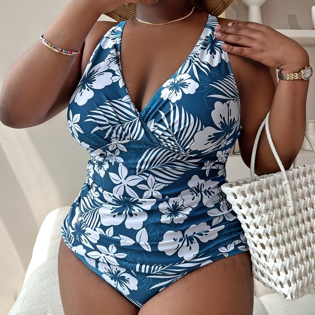 New Womens Plus Size One-piece Bikini Digital Print Gathers Conservative Swimsuits