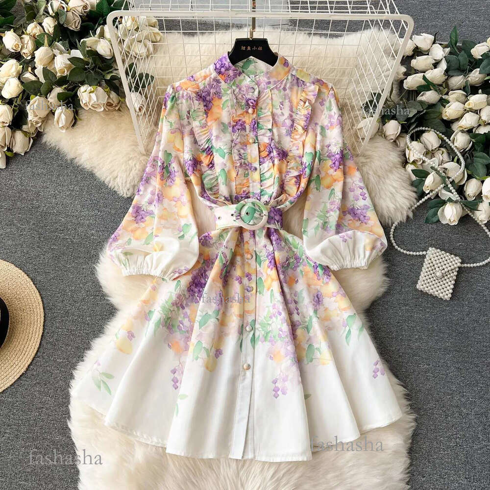 Women Summer Casual Dresses Holiday Linen Dress Women Clothing Stand Ruffles Long Lantern Sleeve Flower Print Single Breasted Belt Mini Vestidos