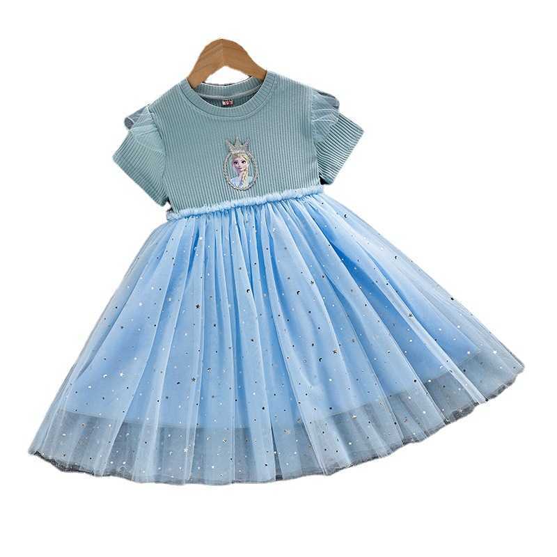 Girl's Dresses 2025 Summer Collection Splicing Mesh Skirt Girl Cute Cartoon Dress Short Sleeve Princess Skirt Y250307Y1Q6