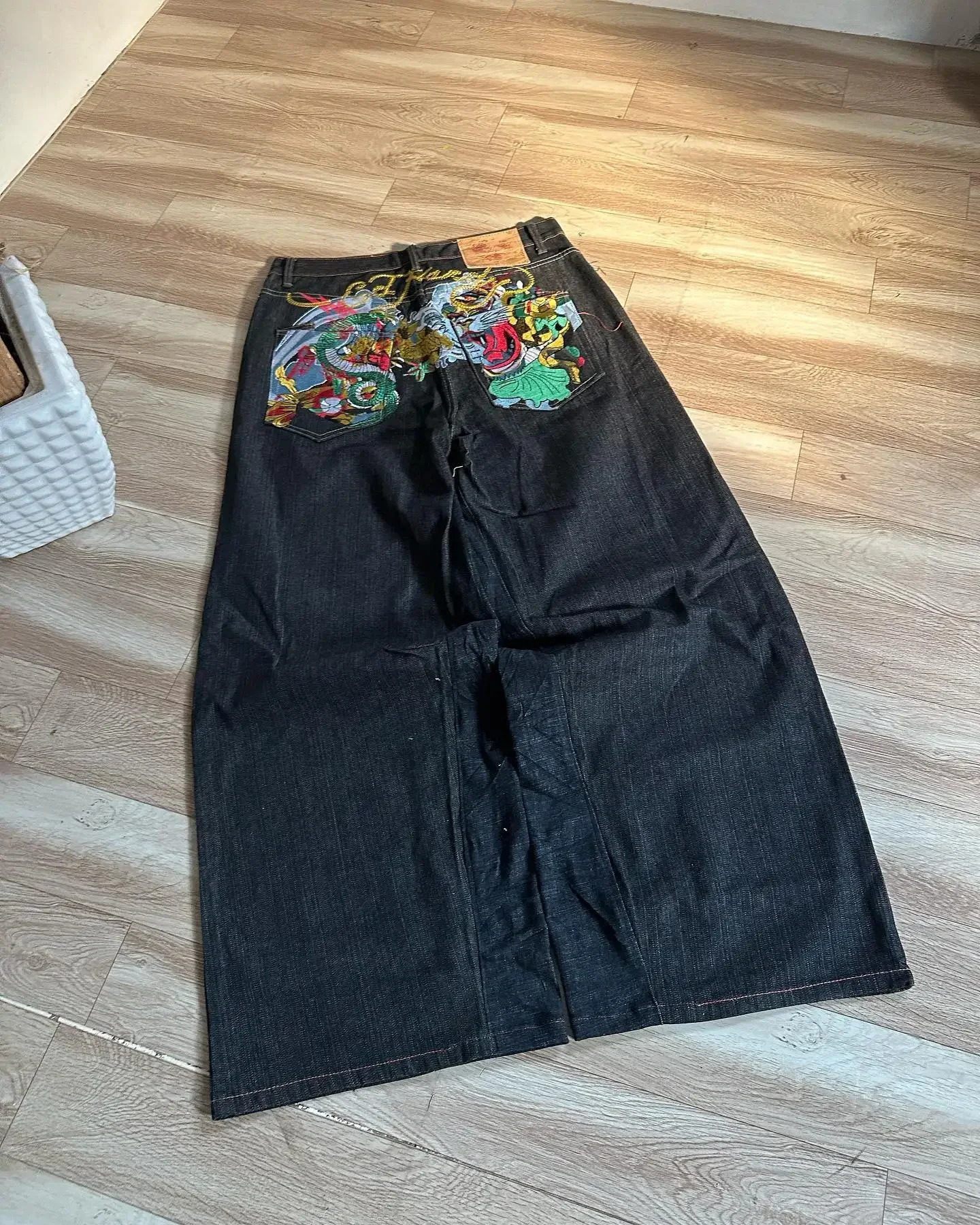 Y2k Trendy Vintage Men Baggy Denim Trousers Retro Aesthetic Pattern Embroidery Streetwear Wide Leg Loose Punk Denim Pants 250306