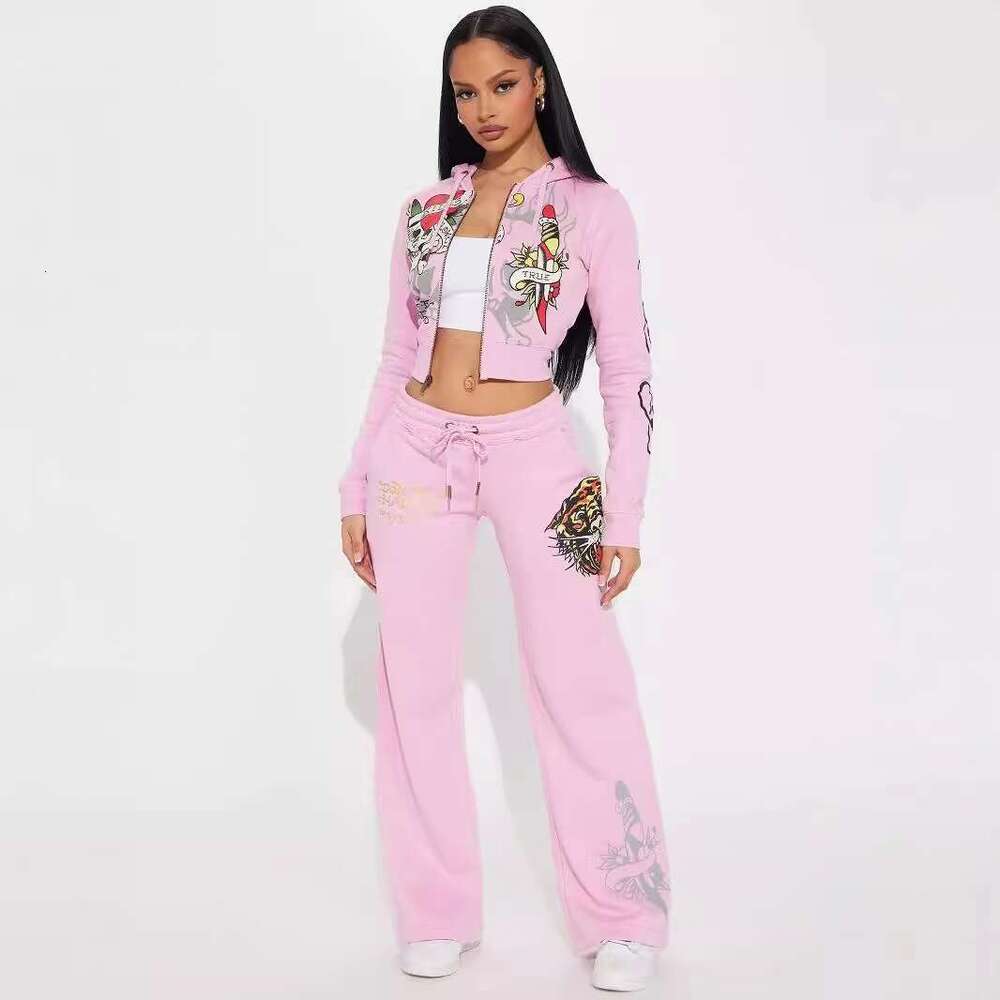 Women's Designer Clothing edhardyhoodie Women's Printed Fashion Casual Sweatshirt Set Y2K Hoodie Set and Athletic Monogrammed Long Sleeve Zi